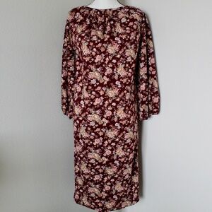Vintage Burgundy Floral Relaxed Fit Midi Dress